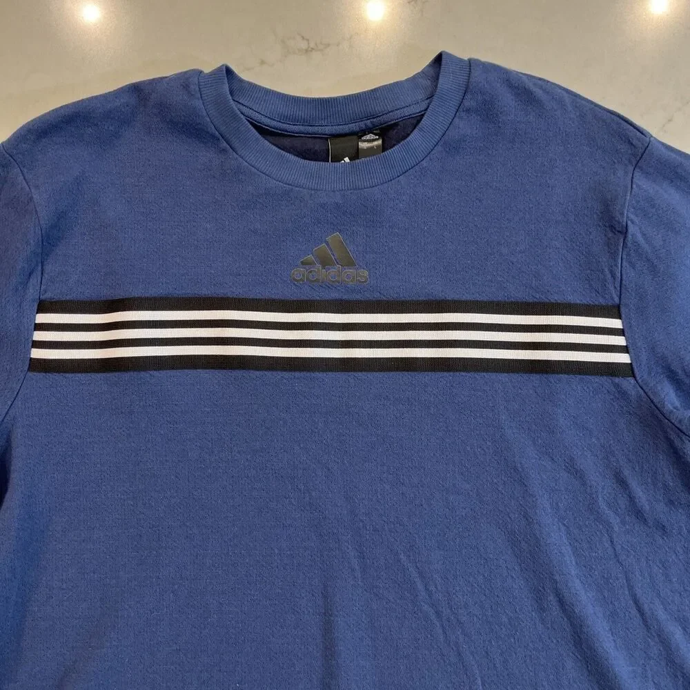 Adidas Mens Sz L Navy Blue Long Sleeve Crew Neck Heavyweight Tee Shirt 3 Stripes